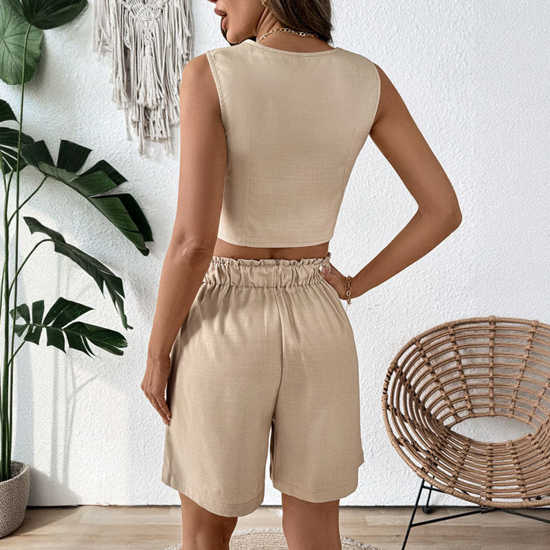 Retro fashion style solid color V-neck vest shorts women's set summer