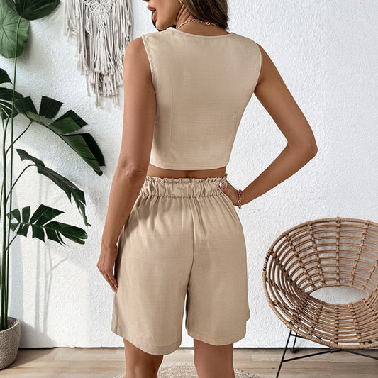 Retro fashion style solid color V-neck vest shorts women's set summer